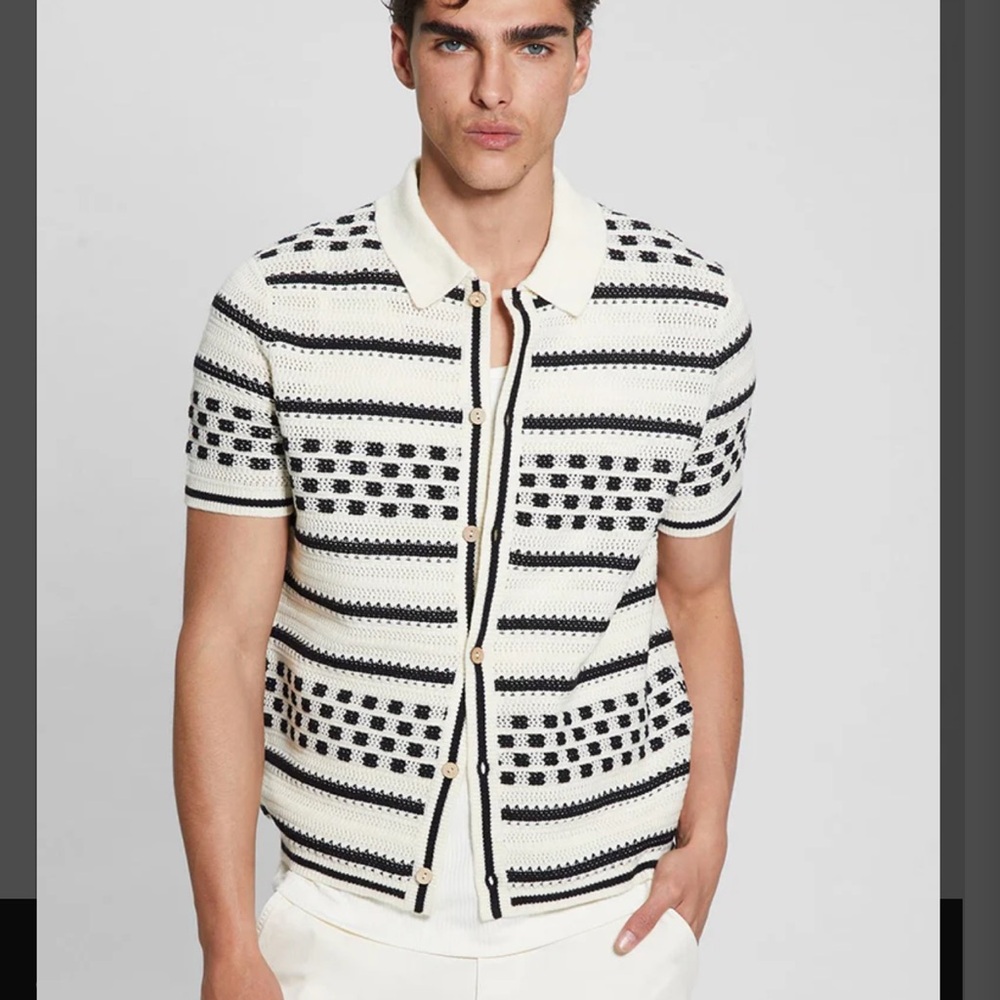 Guess Black and White Striped Polo Shirt